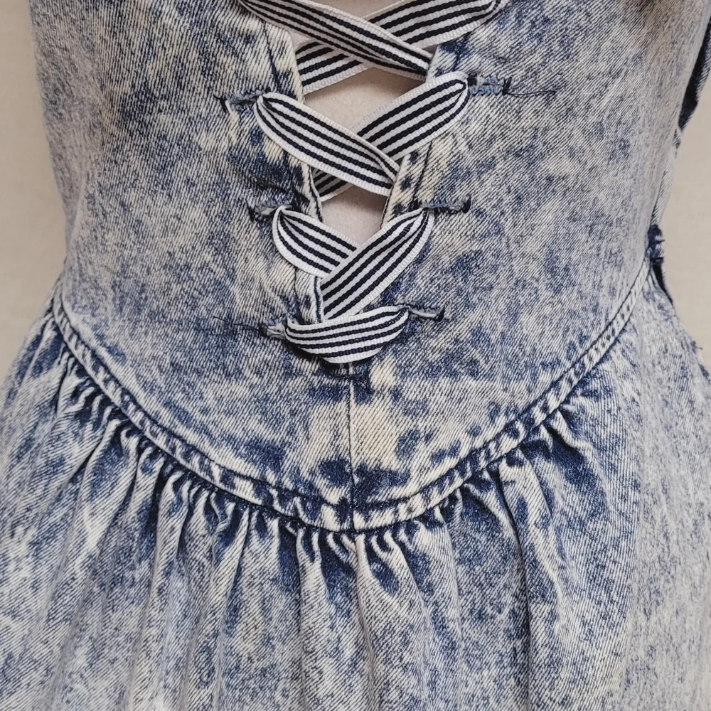 80s Vintage Amy Too Byer California Acid Wash Cotton Lace-up Mini Skater Dress S - Picture 8 of 16